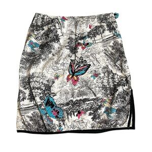 90s black and white butterfly skirt, pops of pink and blue, size 4